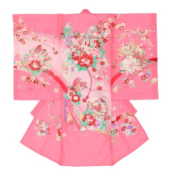 【女の子・お宮参り・絽（夏用）レンタル6点フルセット】正絹 鞠 蝶々 ピンク